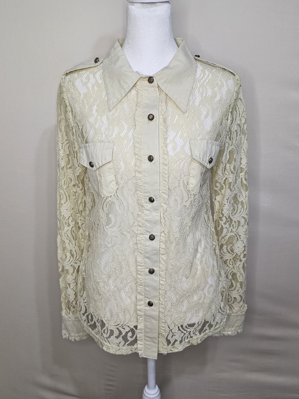 Vintage & Rare Nick & Mo Ivory Lace Utility Shirt w/Collar & Flap Pockets, Sz M
